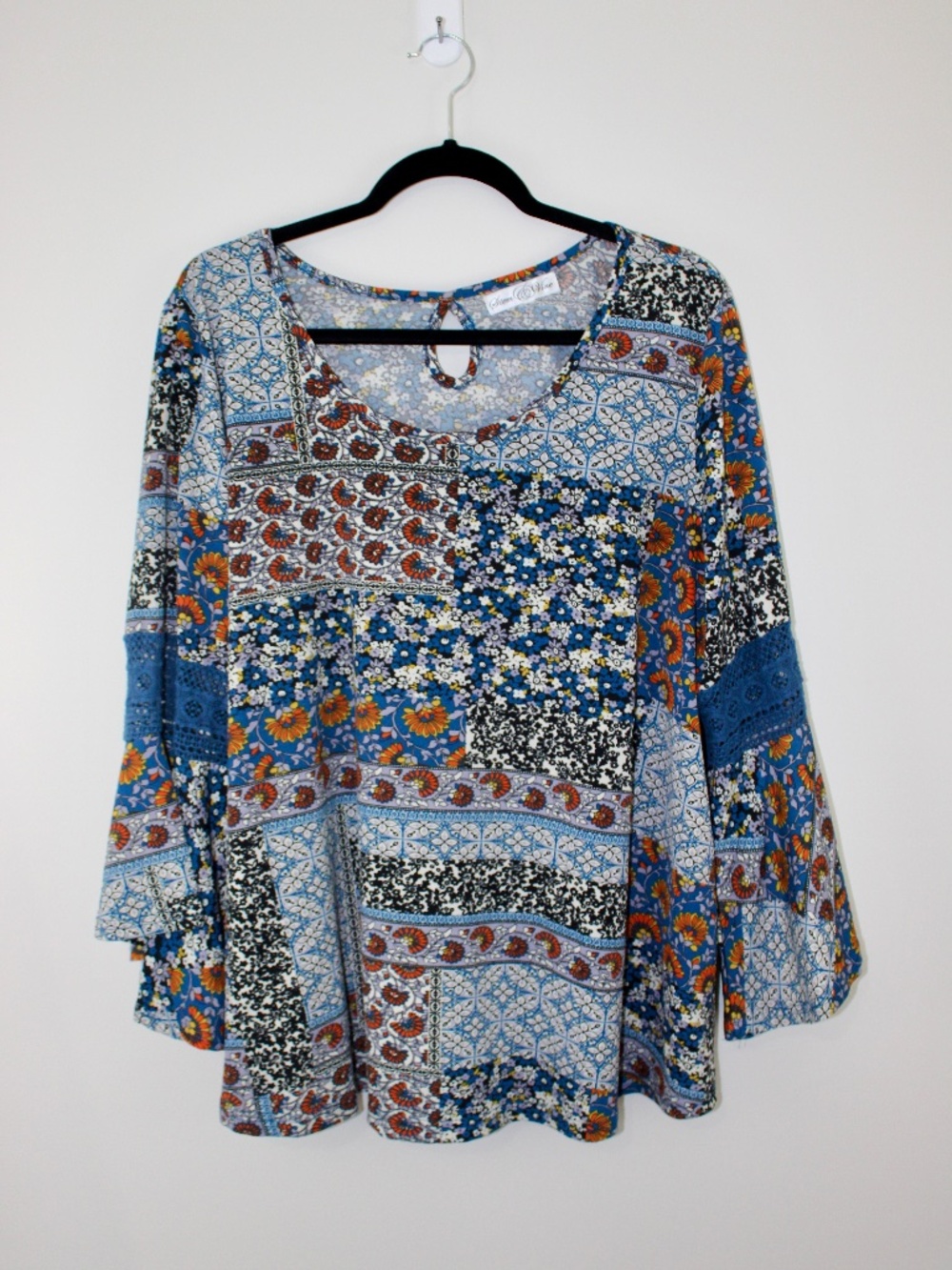 Stem & Vine Blue Patchwork Print Bell Sleeve Top 3X